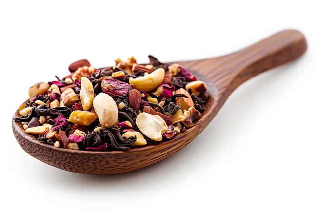 Bunte Tee-Mischung in Holzlöffel