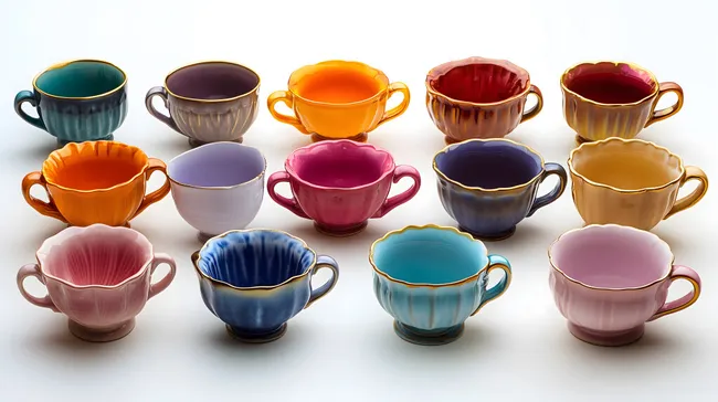 Bunte Teetassen mit Goldrand auf weißem Hintergrund