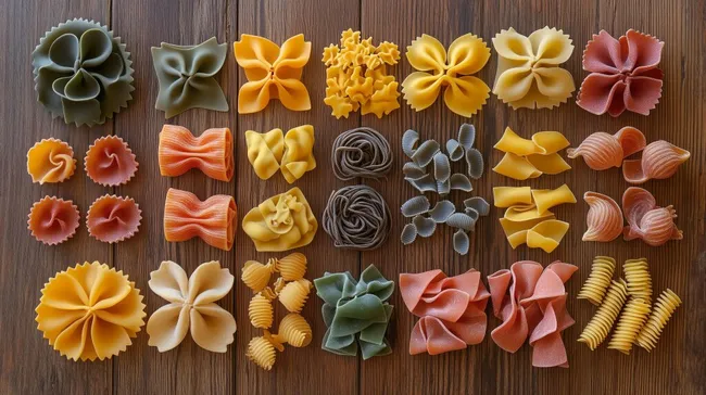 Bunte Teigwaren-Komposition auf rustikalem Holzhintergrund