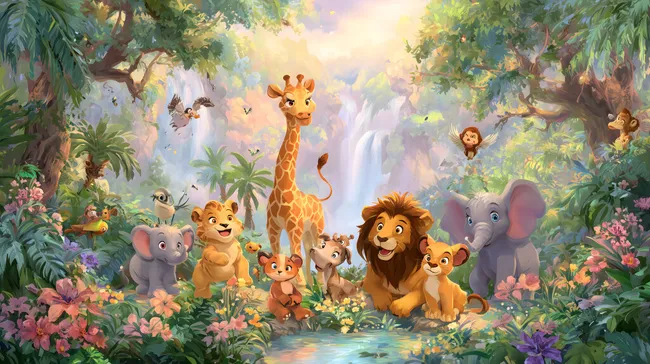 Bunte Tierfamilie im tropischen Dschungel