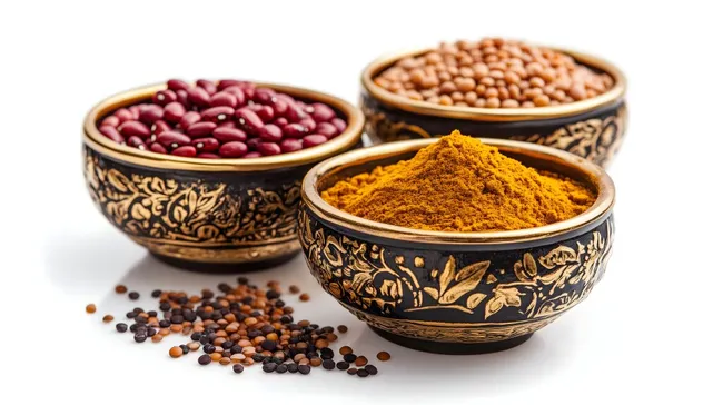 Bunte, traditionelle Gewürze in handgefertigter Keramik