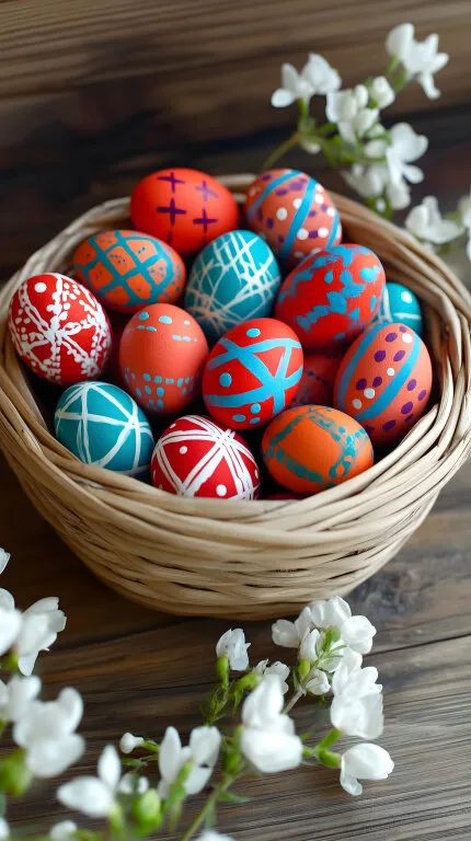 Bunte, traditionelle Ostereier in rustikalem Korbgeflecht