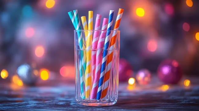 Bunte Trinkhalme vor funkelnden Partyleuchtmitteln