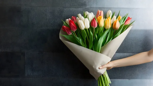 Bunte Tulpen im Strauß vor dunkler Wand