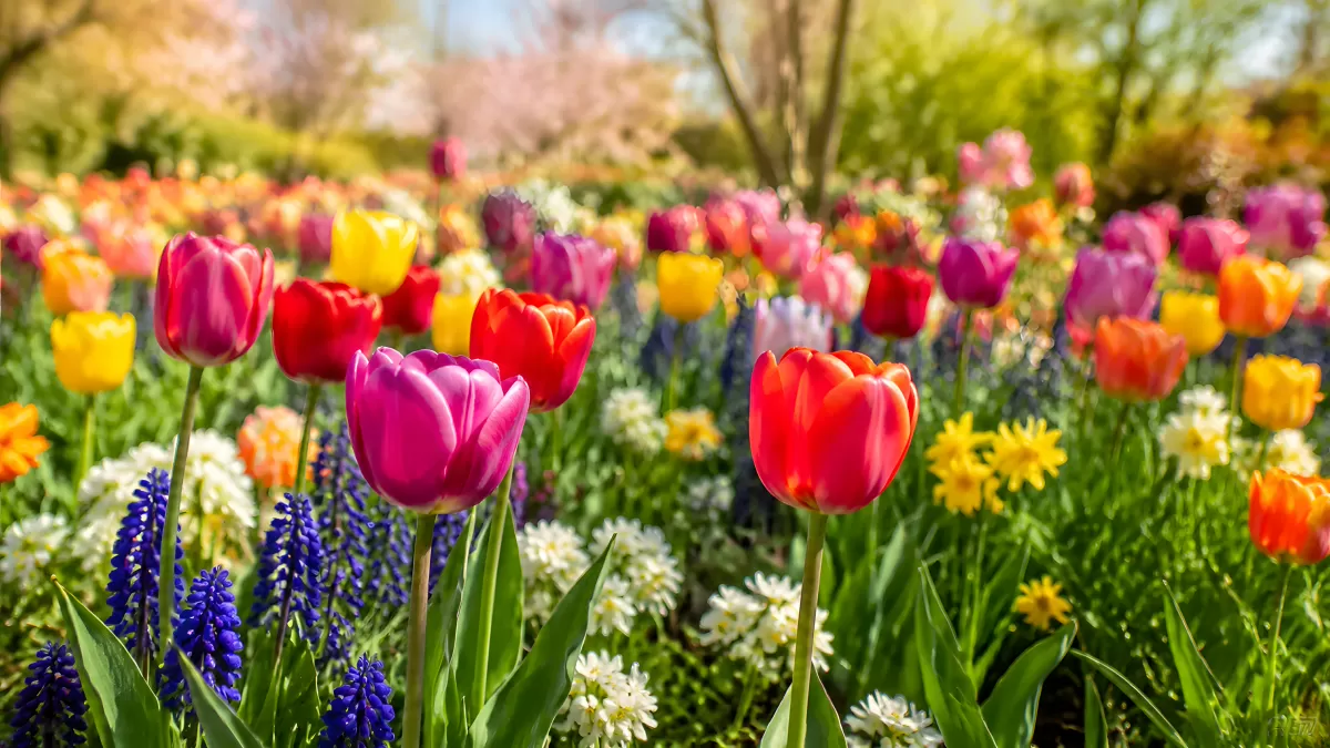 Bunte Tulpen und Frühlingsblumen im Sonnenschein