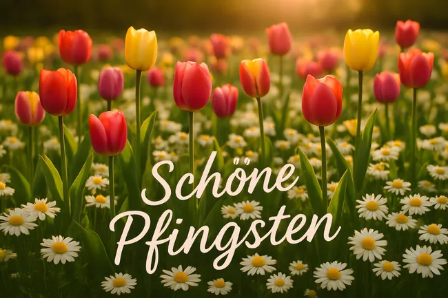 Bunte Tulpenwiese mit Gänseblümchen im Abendsonnenlicht