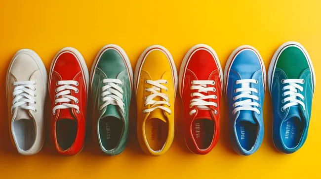 Bunte Turnschuhe vor gelbem Hintergrund