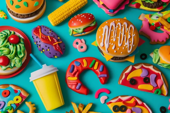 Bunte, üppige Spielzeugnahrungsmittel auf türkisem Hintergrund