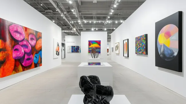 Bunte und abstrakte Kunstausstellung in modernem Galerieraum