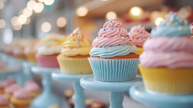 Bunte und dekorative Cupcake-Auswahl auf Präsentationsteller