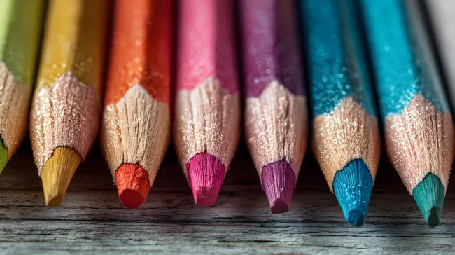 Bunte und glitzernde Buntstifte in Nahaufnahme