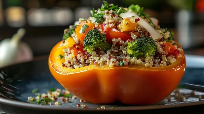 Bunte vegane Quinoa-Füllung in Paprika