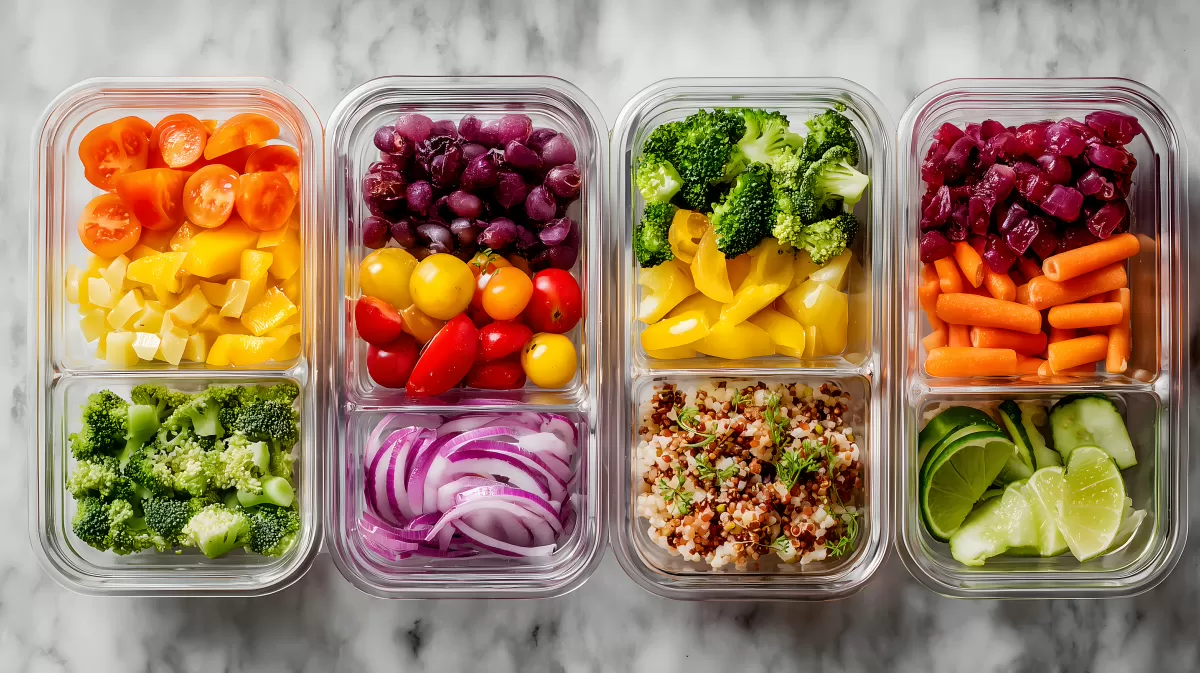 Bunte vegetarische Meal-Prep-Boxen auf Marmortisch