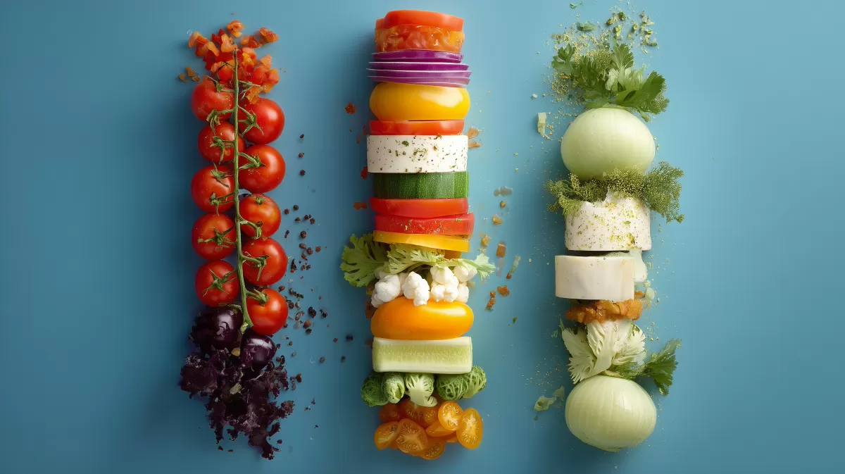 Bunte vertikale Gemüsearrangements auf blauem Hintergrund