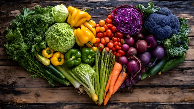 Bunte Vielfalt an frischem Gemüse auf rustikalem Holztisch
