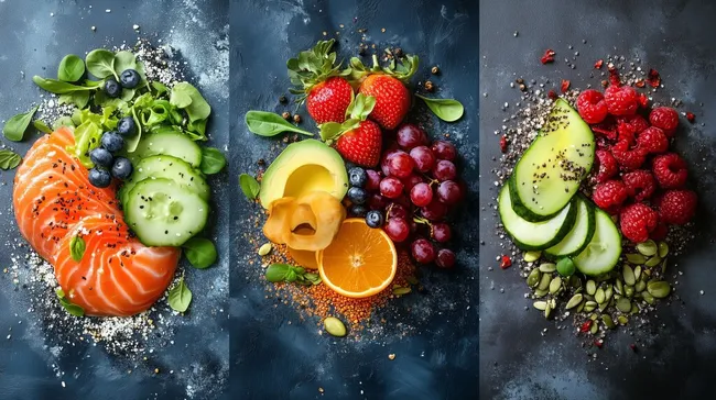 Bunte Vielfalt an Obst und Gemüse auf dunklem Hintergrund