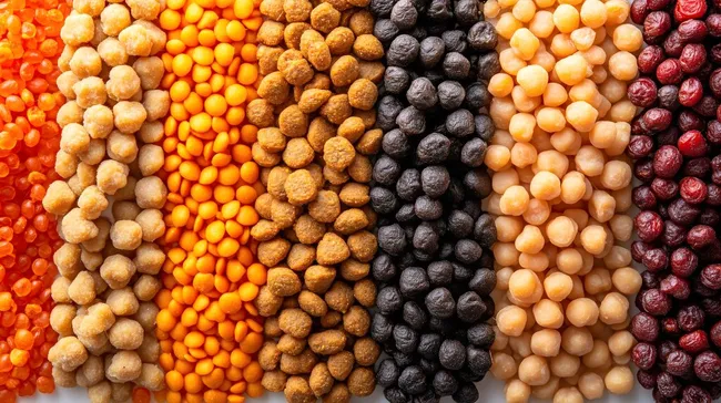 Bunte Vielfalt an Tierfutter in dekorativer Anordnung