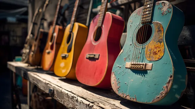 Bunte Vintage-Gitarren auf Holztisch im Licht