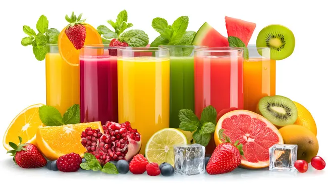 Bunte Vitamine in Gläsern: Gesunde Fruchtsäfte und Früchte