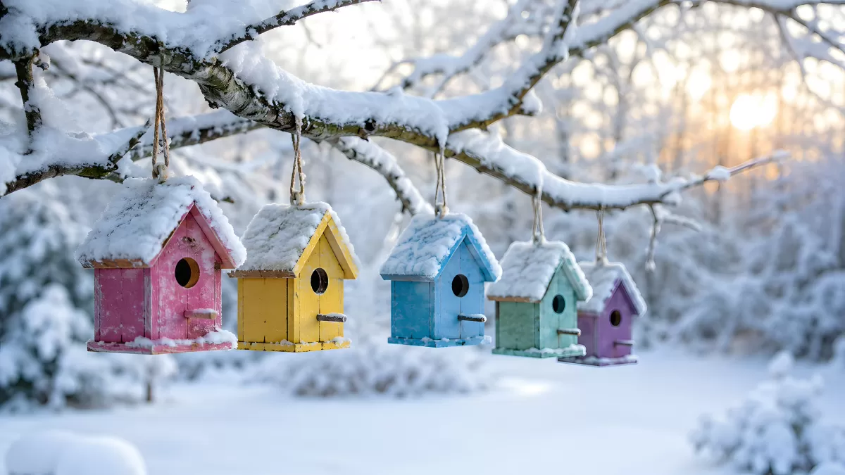 Bunte Vogelhäuschen im Schnee an Winterast