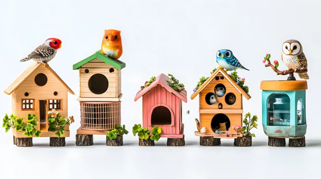 Bunte Vogelkästen mit niedlichen Vögeln und Dekorationen