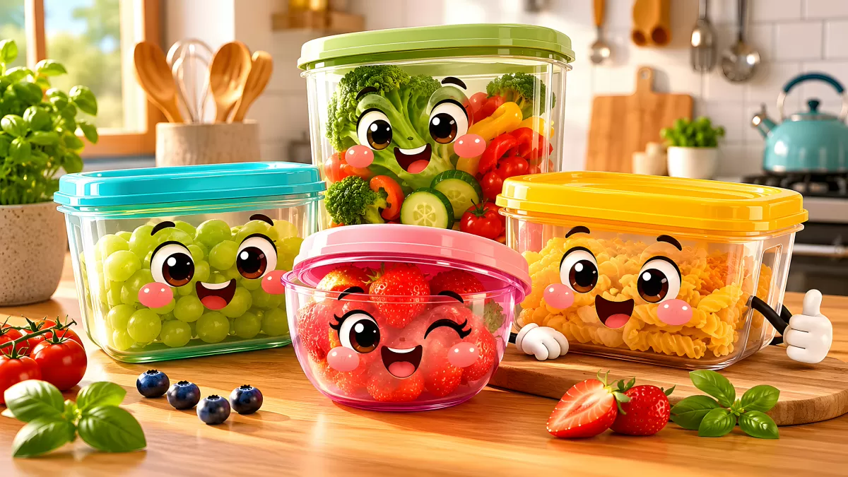 Bunte Vorratsdosen mit Cartoon-Gesichtern voller Obst