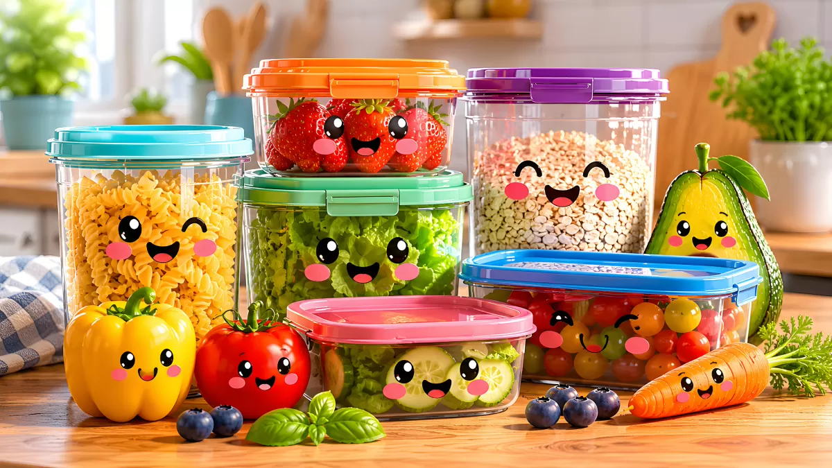 Bunte Vorratsdosen mit Kawaii-Gesichtern und frischem Gemüse