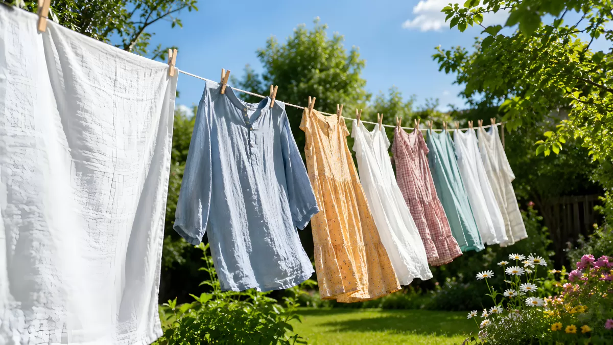 Bunte Wäsche trocknet auf Leine im Sommergarten