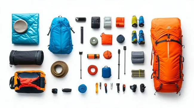 Bunte Wanderausrüstung auf weißem Hintergrund
