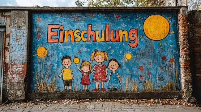 Bunte Wandmalerei zur Einschulung mit fröhlichen Kindern