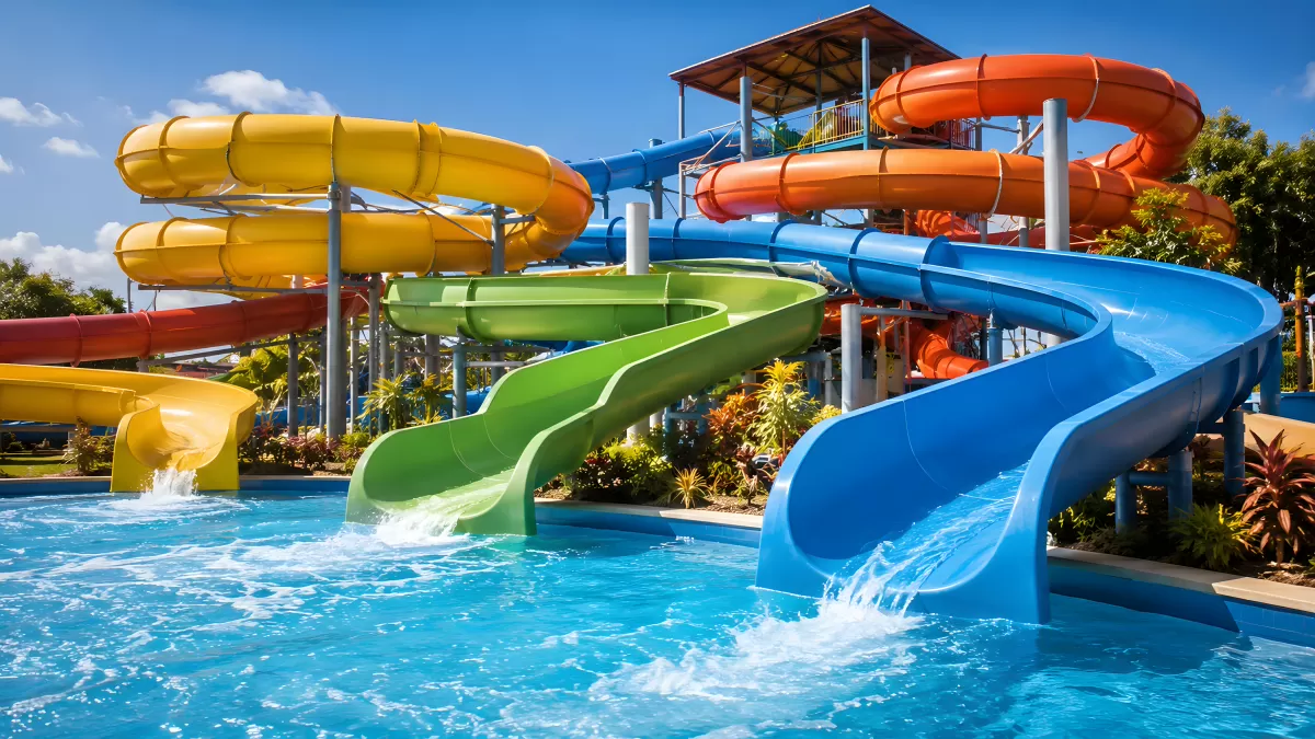 Bunte Wasserrutschen im Freizeitpark an einem Sommertag