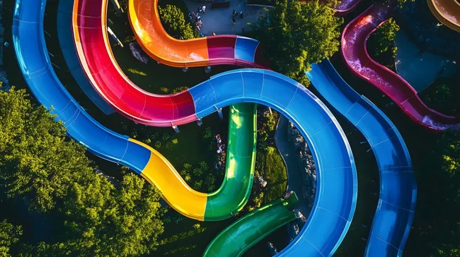 Bunte Wasserrutschen im Freizeitpark aus der Vogelperspektive