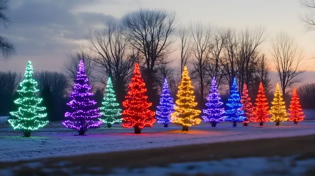 Bunte Weihnachtsbäume mit Lichterketten in verschneiter Winterlandschaft