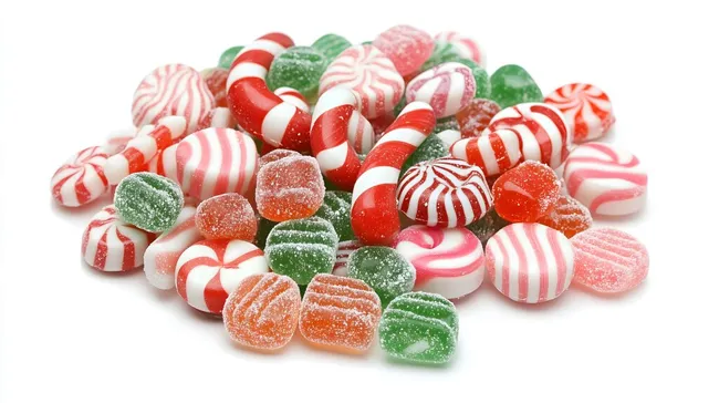 Bunte Weihnachtskaramellen und Zuckerstangen auf weißem Hintergrund