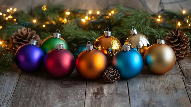 Bunte Weihnachtskugeln auf rustikalem Holz