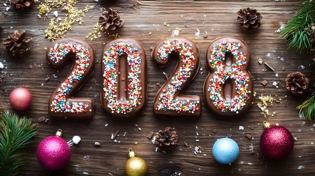 Bunte Weihnachtszahlen in Schokolade auf Holztisch