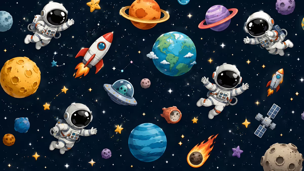 Bunte Weltraum-Illustration mit Astronauten und Planeten