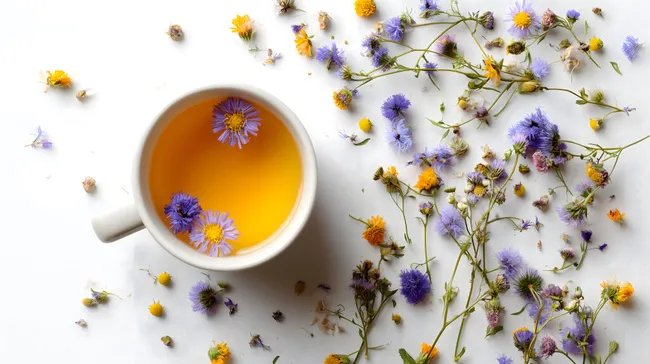 Bunte Wildblumen und Kräutertee auf weißem Hintergrund