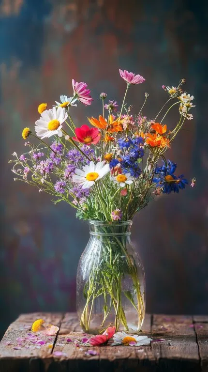 Bunte Wildblumenstraußaufnahme auf rustikalem Holz