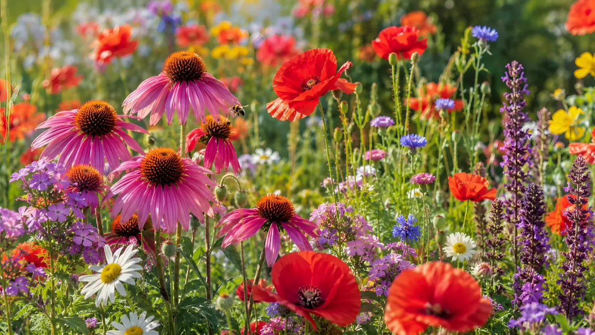Bunte Wildblumenwiese mit Echinacea und Mohnblumen