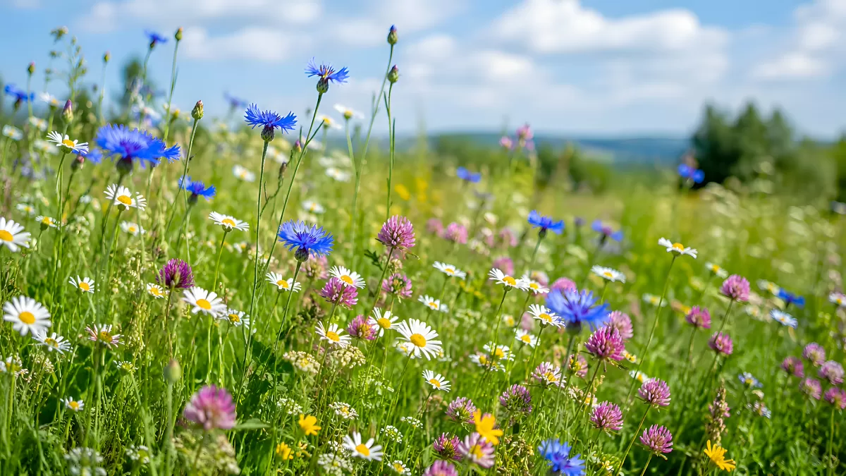 Bunte Wildblumenwiese mit Kornblumen und Margeriten