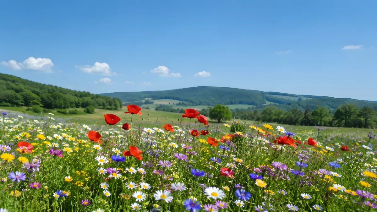 Bunte Wildblumenwiese mit Mohnblumen im Sommer