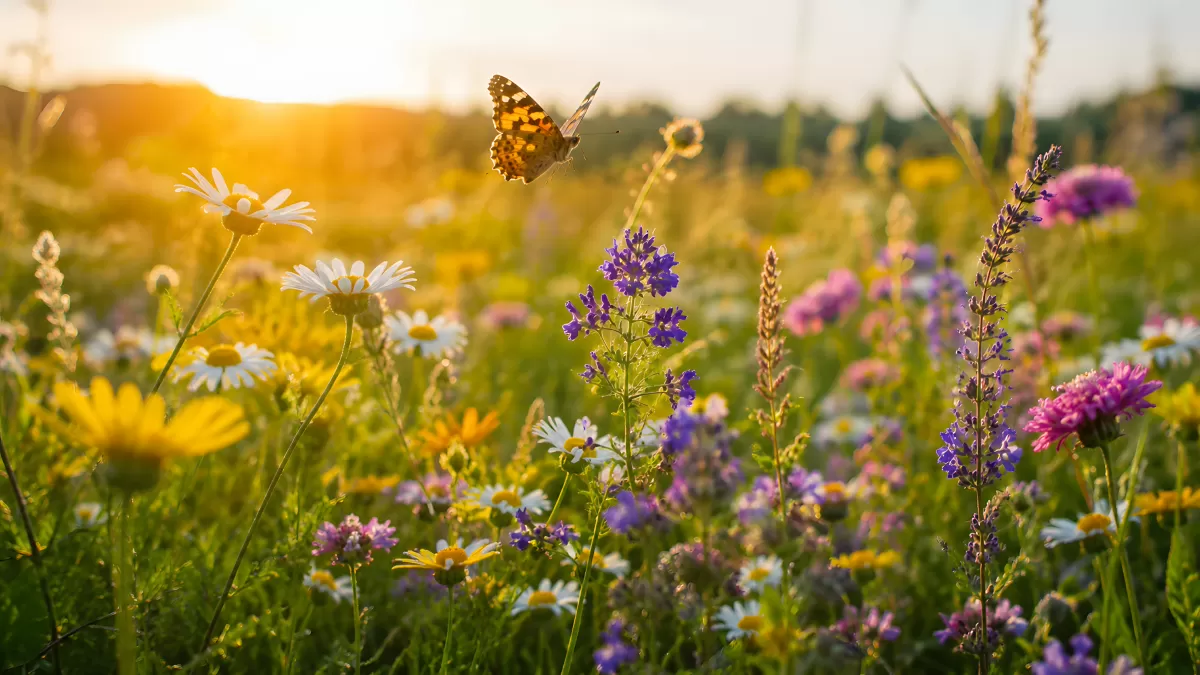 Bunte Wildblumenwiese mit Schmetterling im Sonnenlicht