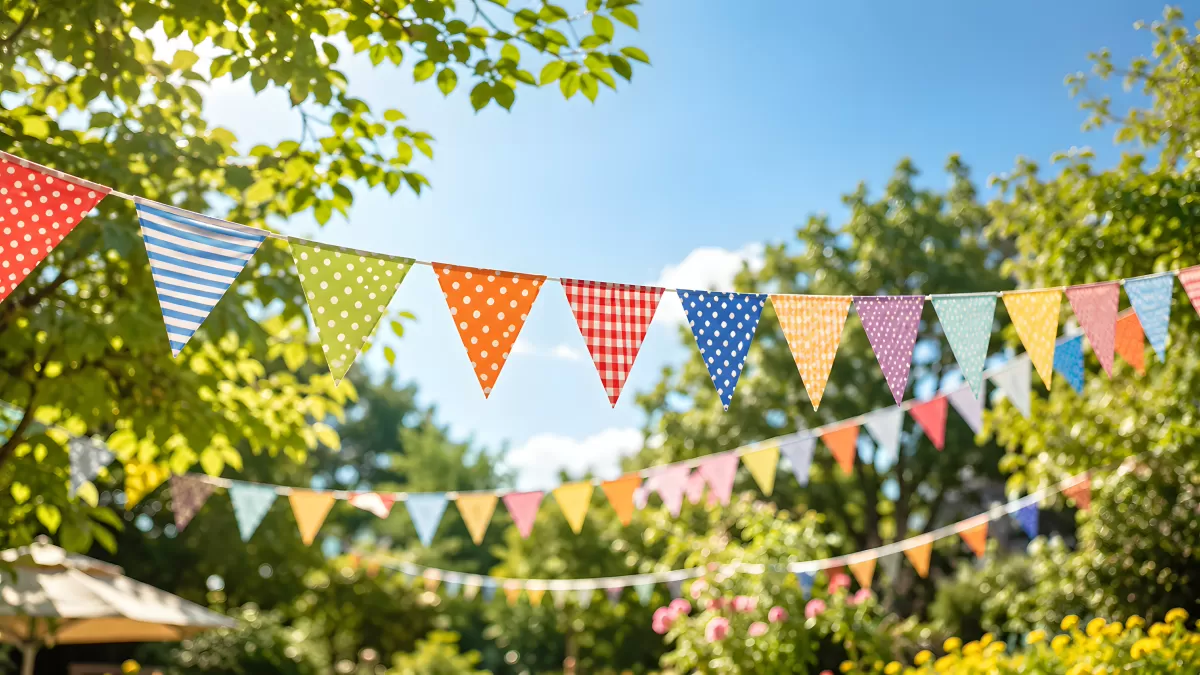 Bunte Wimpelkette im sommerlichen Garten bei Sonnenschein