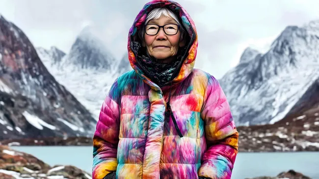 Bunte Winterjacke einer älteren Inuit-Frau vor Bergpanorama
