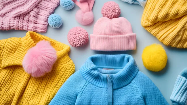 Bunte Wintersachen mit Pompons in rosa, blau und gelb
