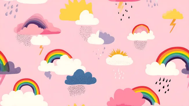 Bunte Wolken- und Regenbogenillustration auf rosa Hintergrund