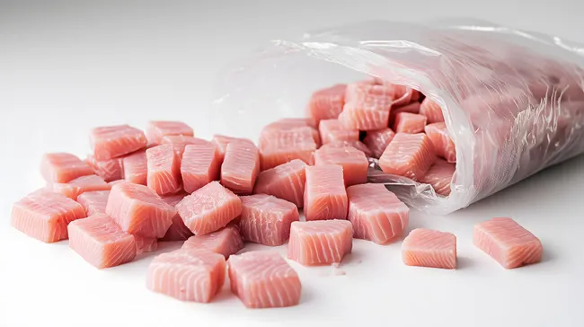 Bunte Würfel aus frischem Lachs in Plastikverpackung