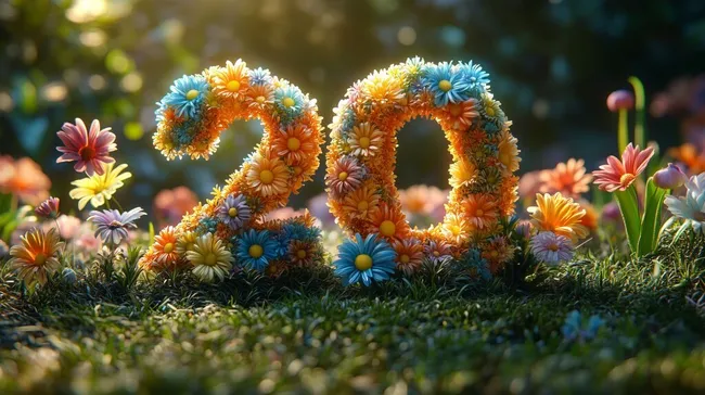 Bunte Zahl 20 aus Frühlingsblumen in Wiese