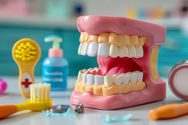 Bunte Zahnarztutensilien auf Türkiser Oberfläche